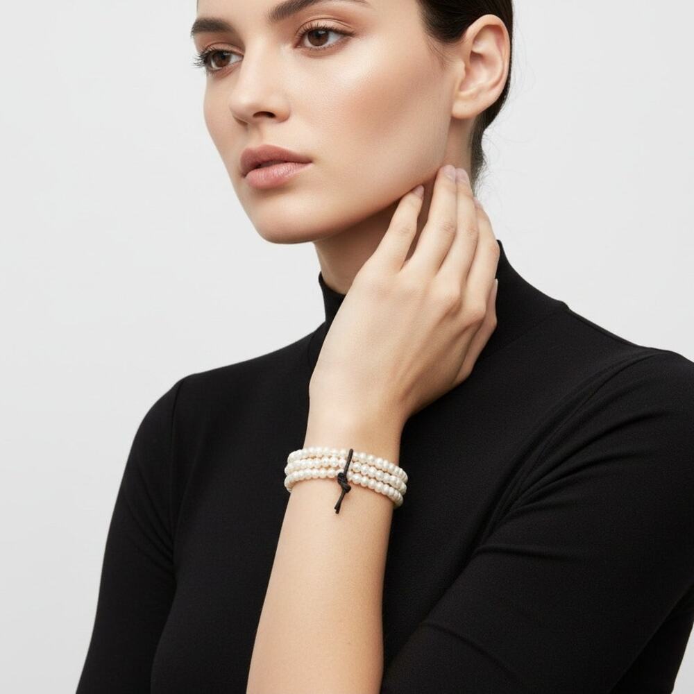 Boutique Handmade Freshwater Pearl Triple Strand Stretch Stack Bracelet Cream